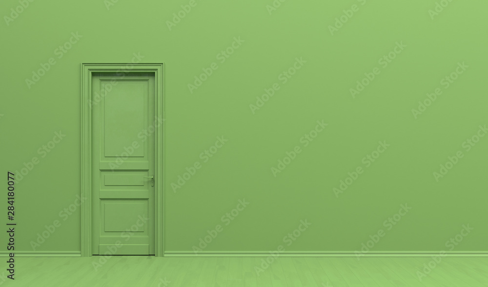 The interior of the room in plain monochrome green color with single door. Green background with copy space. 3D rendering illustration. The interior of the room in plain monochrome green color with single door. Green background with copy space. 3D rendering illustration.