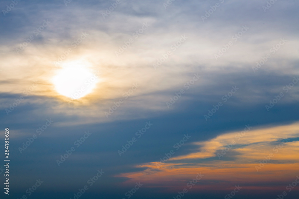 Background of colorful sun and sky sunset with twilight color. Dark sky and storm clouds is coming. - Image