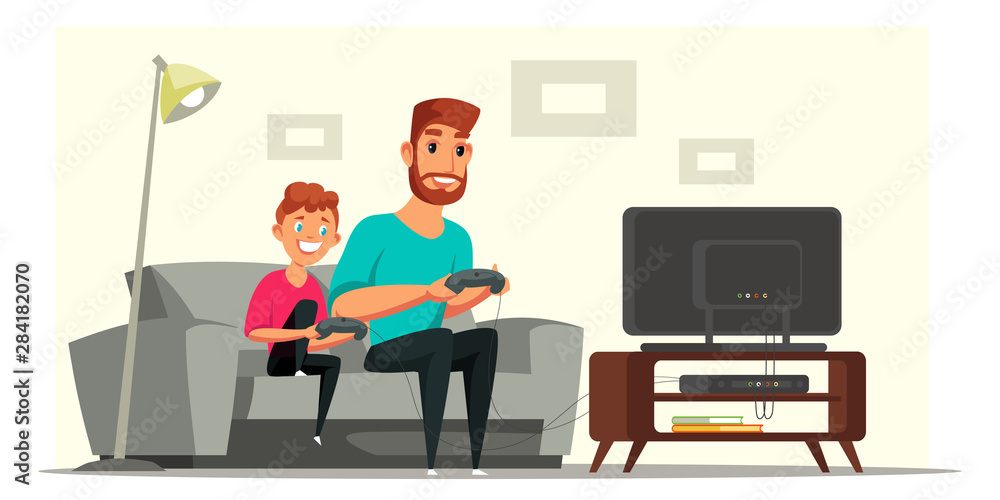 Dad and son play video games vector illustration Dad and son play video games vector illustration