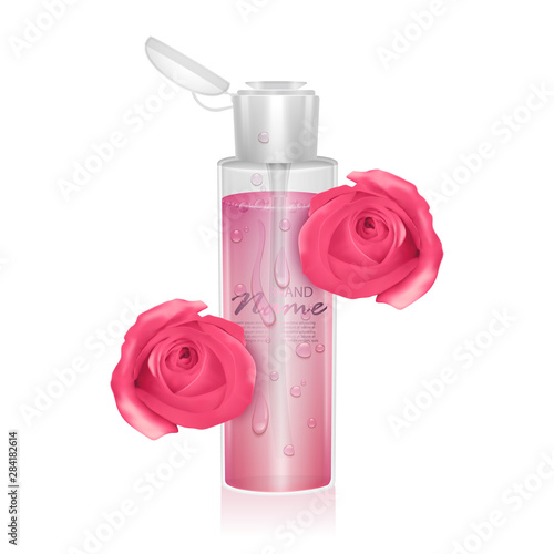 Template for design liquid packaging, design for catalog or magazine. Cosmetic package. Moisturizing toner, micellar water with rose extract Realistic vector illustration