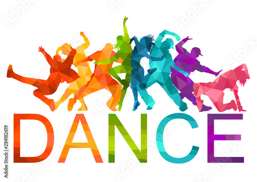 Detailed vector illustration silhouettes of expressive dance colorful group of people dancing. Jazz funk, hip-hop, house dance. Dancer man jumping on white background. Happy celebration