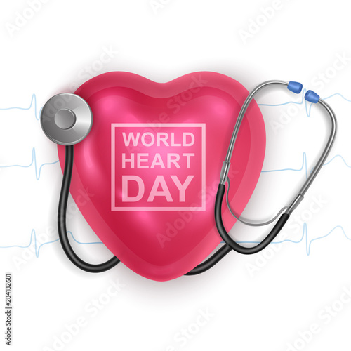World Heart Day Background. 3D brilliant heart with World Heart Day label. Medical awareness day concept, Vector EPS 10 illustration