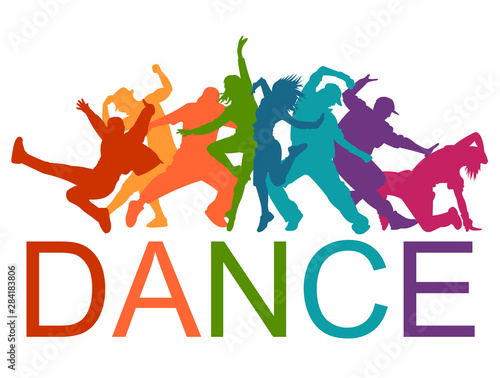 Detailed vector illustration silhouettes of expressive dance colorful group of people dancing. Jazz funk  hip-hop  house dance. Dancer man jumping on white background. Happy celebration