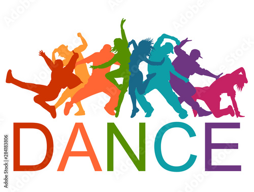 Detailed vector illustration silhouettes of expressive dance colorful group of people dancing. Jazz funk, hip-hop, house dance. Dancer man jumping on white background. Happy celebration