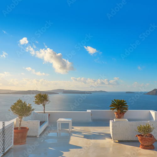 A view of beautiful sea and caldera with luxury roof terrace
