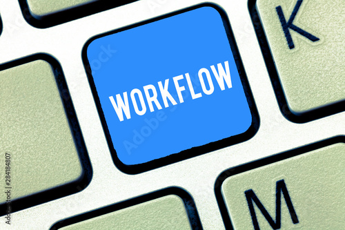 Handwriting text writing Workflow. Concept meaning sequence of industrial administrative or other processes of work Keyboard key Intention to create computer message, pressing keypad idea