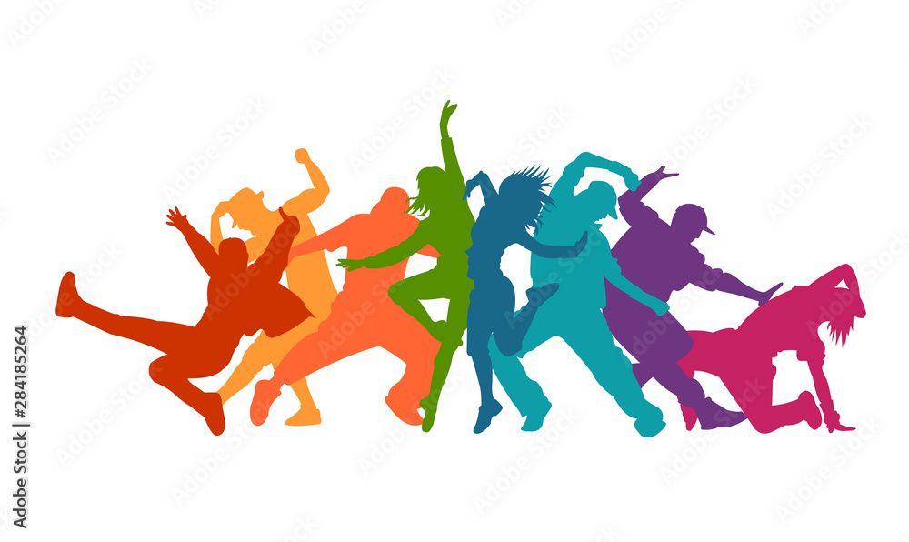 Fototapeta Detailed vector illustration silhouettes of expressive dance colorful group of people dancing. Jazz funk, hip-hop, house dance. Dancer man jumping on white background. Happy celebration