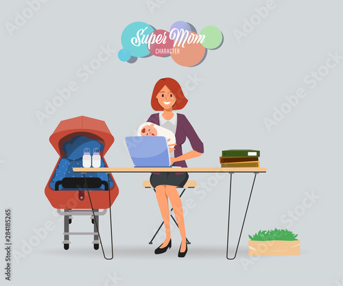 Busy businesswoman in mother with baby kid and working on laptop.