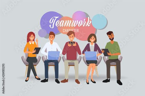Business People Group Chat Communication Social media with gadgets.