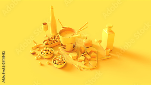Yellow Fondue Set Pot Wine an Glass Bottle with a Cork and Wine Glasses Cheese an Bread Gold Knife and Fork Bowl of Olives