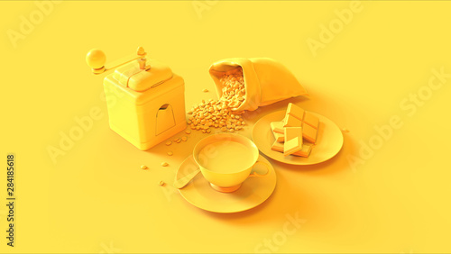 Yellow Coffee Grinder with a Bag of Beans and a Coffee Cup an Saucer with some Chocolate 3d illustration 3d render