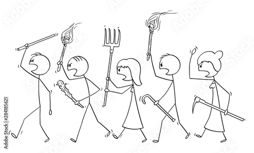 Vector cartoon stick figure drawing conceptual illustration of angry mob characters walking with torch and tools like pitchfork as weapons. Empty speech bubble ready for your text.