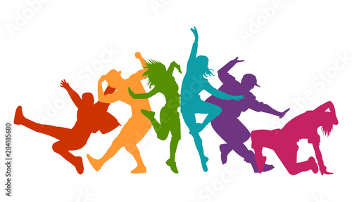 Detailed vector illustration silhouettes of expressive dance colorful group of people dancing. Jazz funk, hip-hop, house dance. Dancer man jumping on white background. Happy celebration