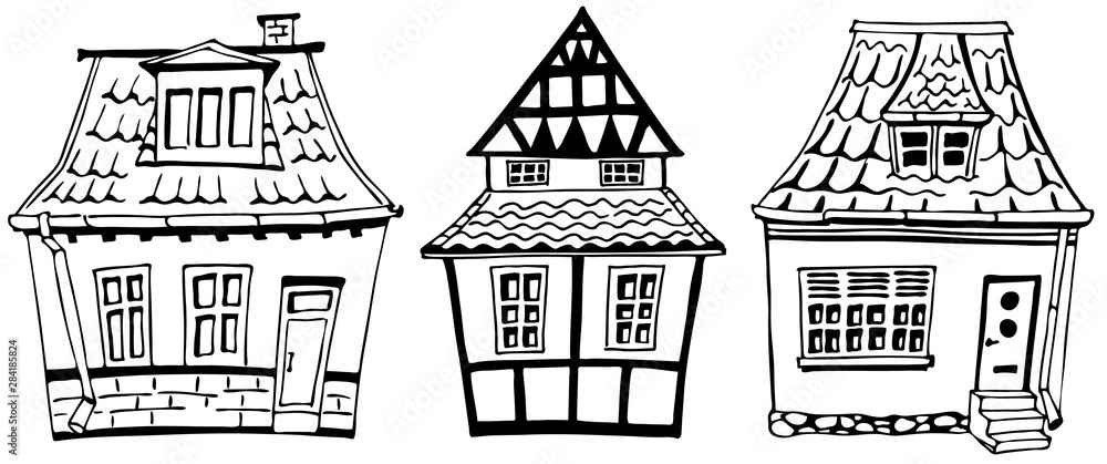 Scandinavian style houses. Graphic vector set. Cartoon hand drawing building. All elements are isolated