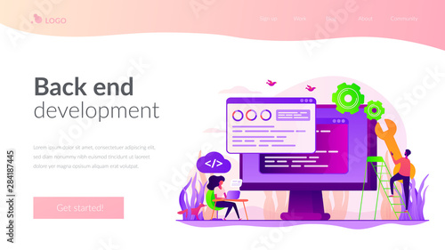 Programming and coding, website, webpage optimization. Back end development, software development process, backend app developer concept. Website homepage header landing web page template.