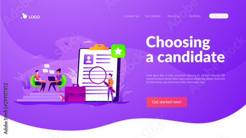 Candidate sourcing, resume research. Applying for position at company. Job interview, employment process, choosing a candidate concept. Website homepage header landing web page template.