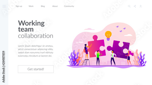 Finding solution, problem solving. Teamwork and partnership. Working team collaboration, enterprise cooperation, colleagues mutual assistance concept. Website homepage header landing web page template