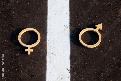The concept of gender equality. Symbols of men and women of plywood on the pavement. The word equality is carved and plywood on asphalt.