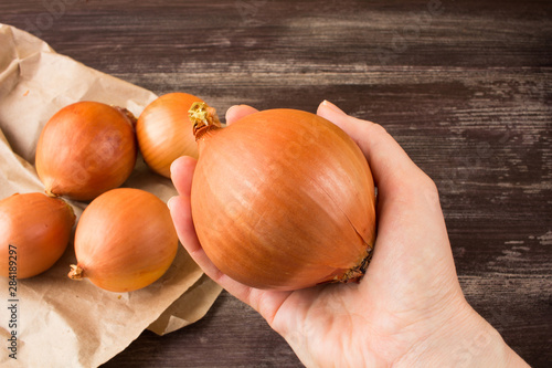 onions on a dark wooden background in hand1