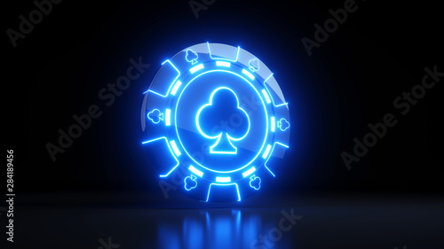 Chips in Clubs Symbol Concept With Neon Lights Isolated On the Black Background - 3D Illustration