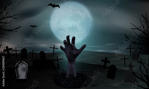 Zombie hand rising from the grave. Graveyard with tombstones and moon. Halloween background. Vector