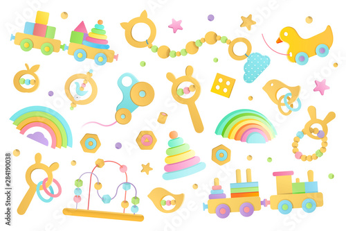 Collection of vector illustration of wooden toys for babies and toddlers. Realistic style pastel colorful images of child railroad, duck, rattles, rainbows and sorters. Montessori accessories isolated