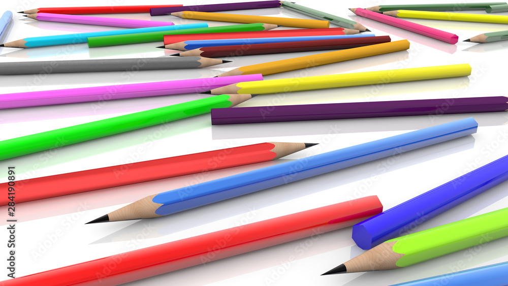 Randomly stacked pencils in various colors on white