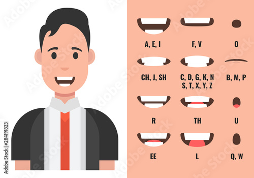 Male mouth animation. Phoneme mouth chart. Alphabet pronunciation. Vector illustration.