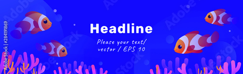Underwater banner with clownfishes and corals on purple background. Vector illustration in colorful style.