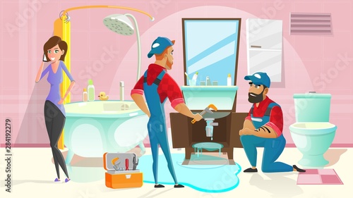Plumbers Stopping Water Leaking in Bathroom Vector