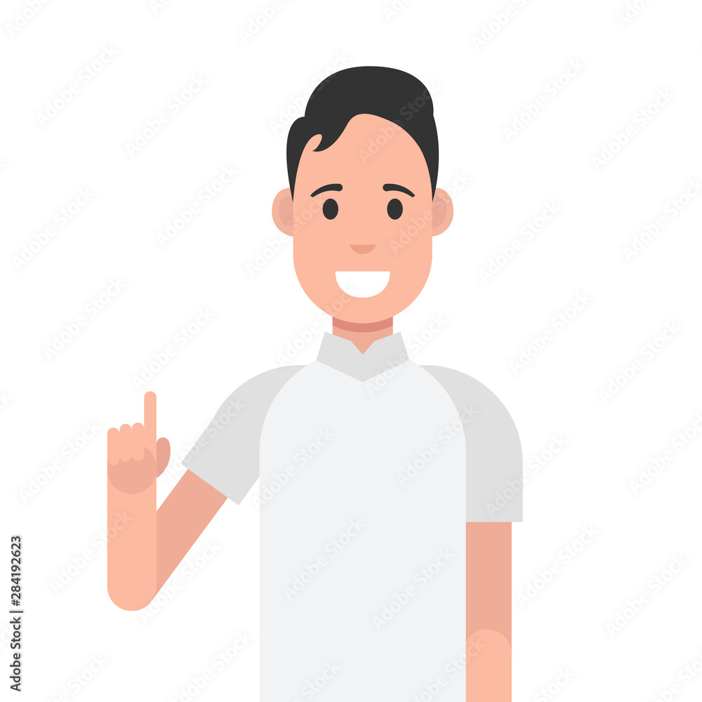 Man character design. Man with a joyful face and a raised index finger. Concept of a great idea. Vector illustration. Man character design. Man with a joyful face and a raised index finger. Concept of a great idea. Vector illustration.