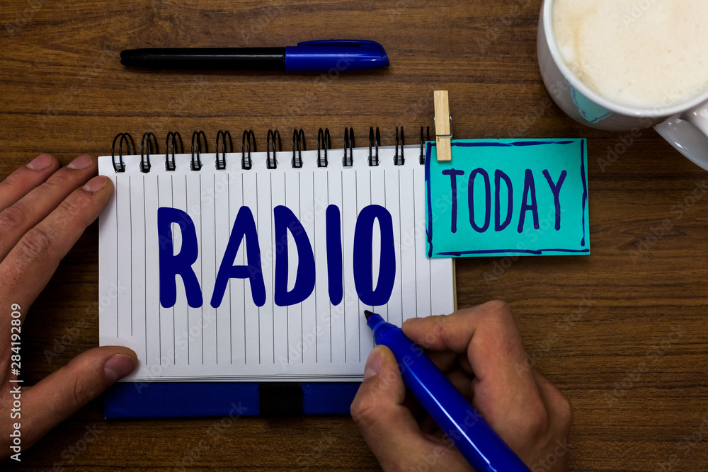 Handwriting text Radio. Concept meaning Electronic equipment used for listening to broadcasts programs shows Marker pens notepad cup milk coffee daily memories dairy clip paperclip Handwriting text Radio. Concept meaning Electronic equipment used for listening to broadcasts programs shows Marker pens notepad cup milk coffee daily memories dairy clip paperclip