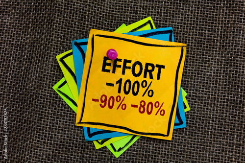 Text sign showing Effort 100 90 80. Conceptual photo Level of determination discipline motivation Black bordered different color sticky note stick together with pin on jute sack