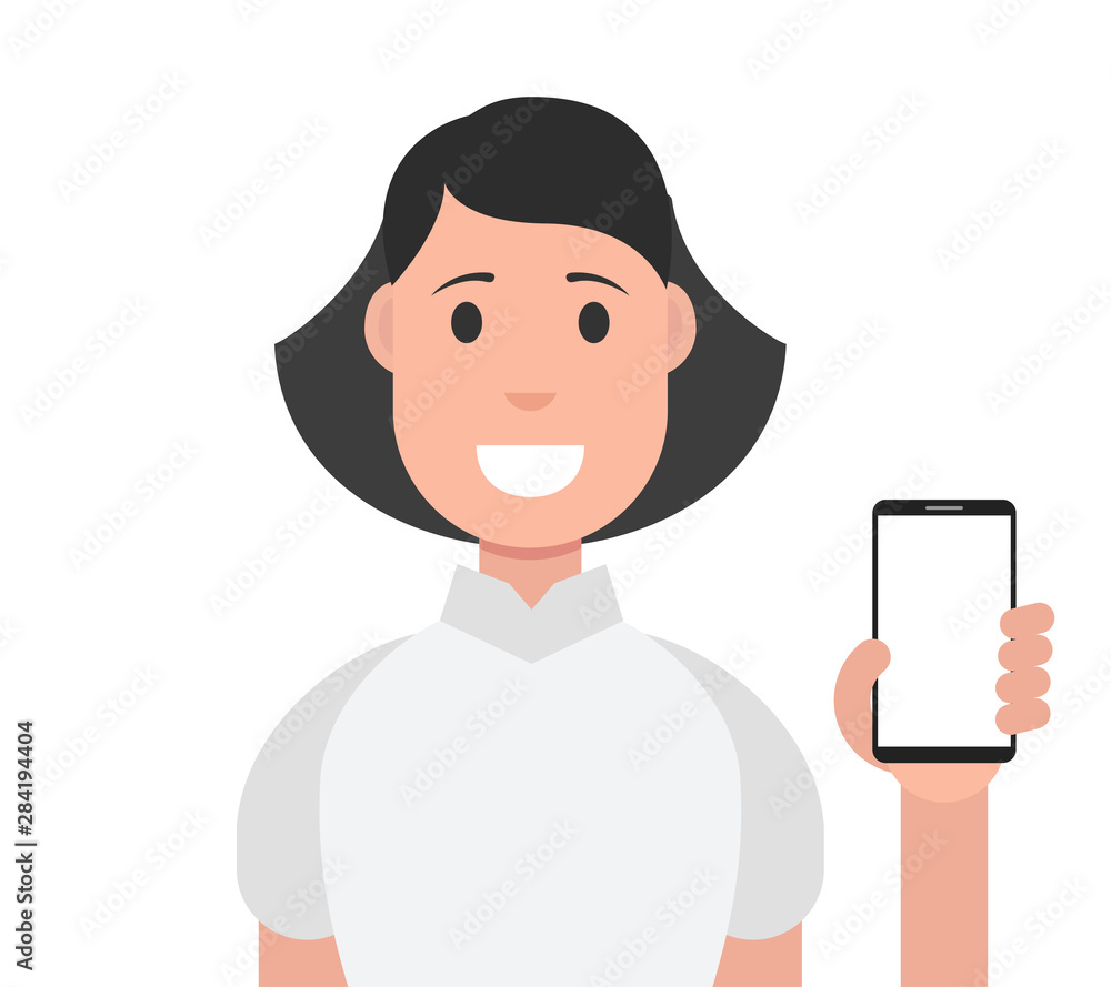 Happy woman showing smartphone. Vector illustration. Happy woman showing smartphone. Vector illustration.