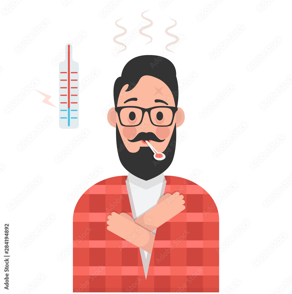 Sick man with thermometer. Cold. Vector illustration. Sick man with thermometer. Cold. Vector illustration.