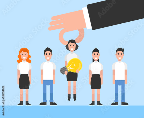 Hand choosing worker who has idea from group of people. Recruitment concept. Vector illustration.