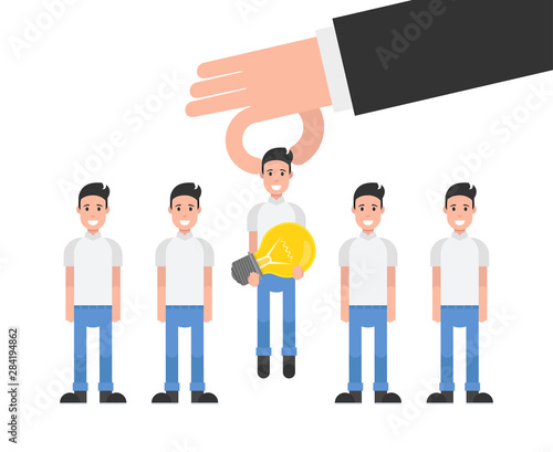 Hand choosing worker who has idea from group of people. Recruitment concept. Vector illustration.