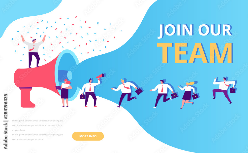 Group of people shouting on huge megaphone. Business man and woman running. Join our team vector illustration concept. Flat style illustration for web.	