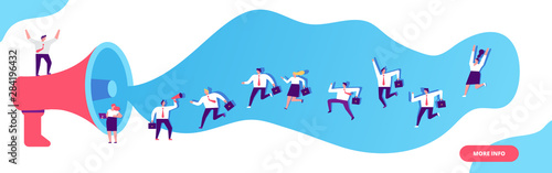 Group of people shouting on huge megaphone horizontal banner.. Business man and woman running. Join our team vector illustration concept. Flat style illustration for web.	