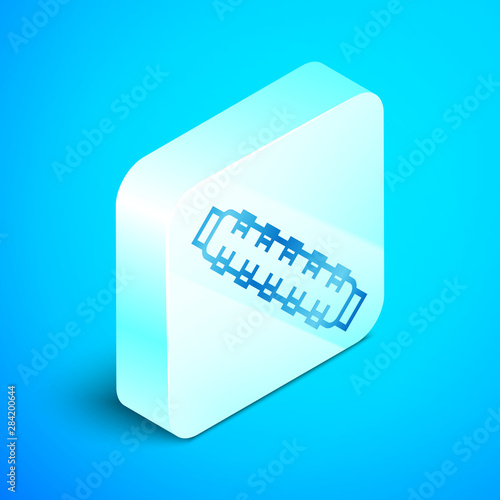 Isometric line Hunting cartridge belt with cartridges icon isolated on blue background. Bandolier sign. Hunter equipment, armament. Silver square button. Vector Illustration