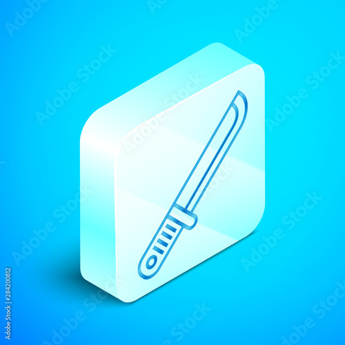 Isometric line Hunter knife icon isolated on blue background. Army knife. Silver square button. Vector Illustration