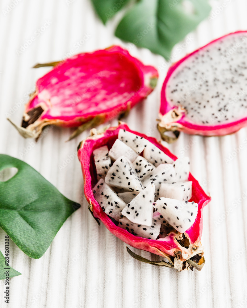 Dragon Fruit On Light Background, Pitaya Chunks Dragon Fruit On Light Background, Pitaya Chunks