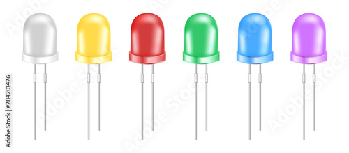 Vector set of realistic 3d light emitting diodes. Eco white, yellow, red, green, blue and violet small LED light bulbs isolated on a white background. Semiconductor diode – electrical component.