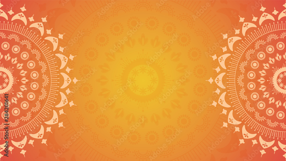 Flower mandala on orange background. Festive folk floral illustration