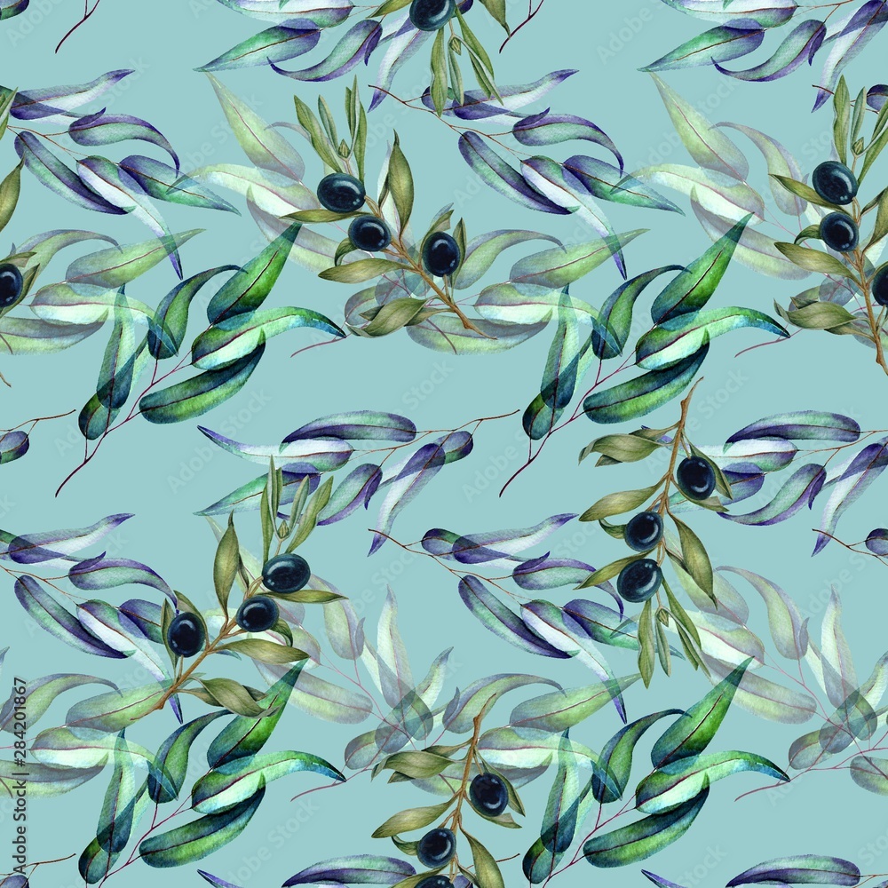 Watercolor seamless pattern with olive branches and fruits.
