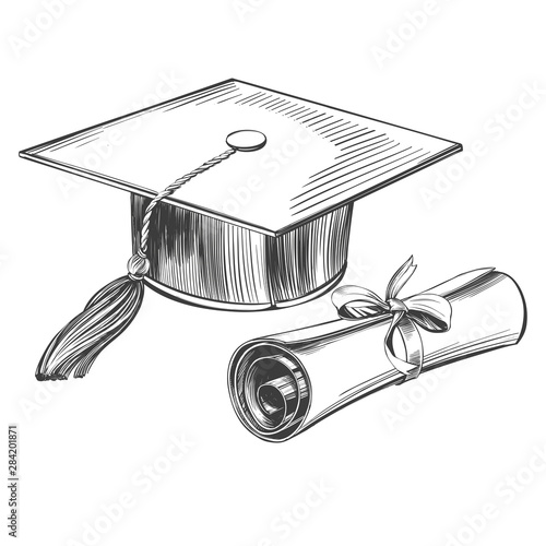 graduate cap and diploma, education vintage set hand drawn vector illustration realistic sketch
