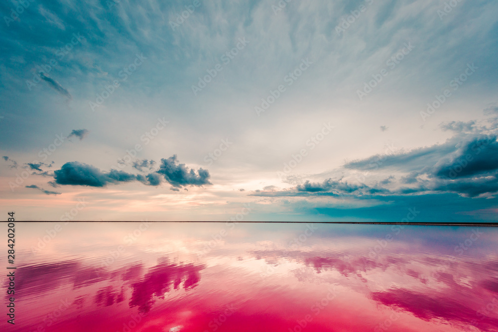 aerial view of pink lake and sandy beach