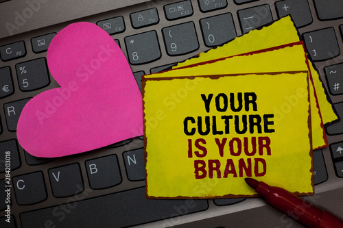 Writing note showing Your Culture Is Your Brand. Business photo showcasing Knowledge Experiences are a presentation card Red bordered yellow written paper pinch with love on computer keybaord photo