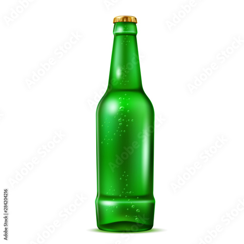 Realistic green beer bottle with golden bubbles. Vector lager beer blank bottle for alcohol product advertising design. Fresh pub drink without label.