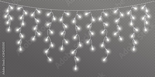 Glowing light bulbs Christmas and New Year. Realistic retro garland isolated on transparent background. Set Xmas decorations for festive design of postcard, banner, poster, website. Vector design